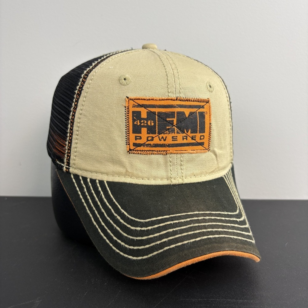 Dodge 426 Hemi Powered Hat Tan Black Patch Distressed Mesh Trucker Snapback Cap